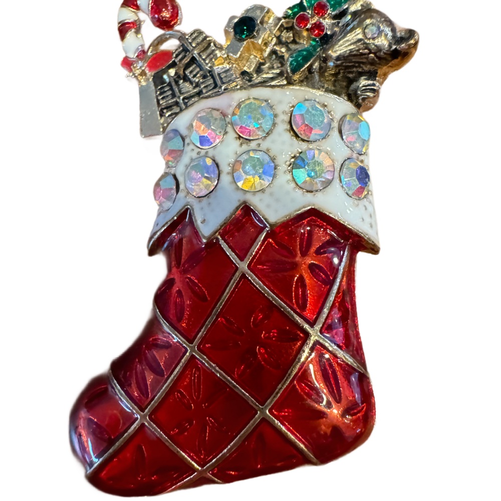 CHRISTMAS STOCKING PIN Brooch. Enamel w brilliant sparkling crystals. Make offer